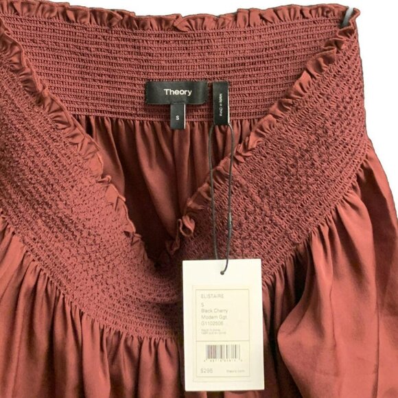 NWT Theory 100% Silk Elistaire Off The Shoulder Blouse Black Cherry Size Small - Picture 9 of 13